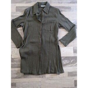 100% Cotton Ribbed Green Collar Button-down Lagenlook Minimalist Sz M Side Slits